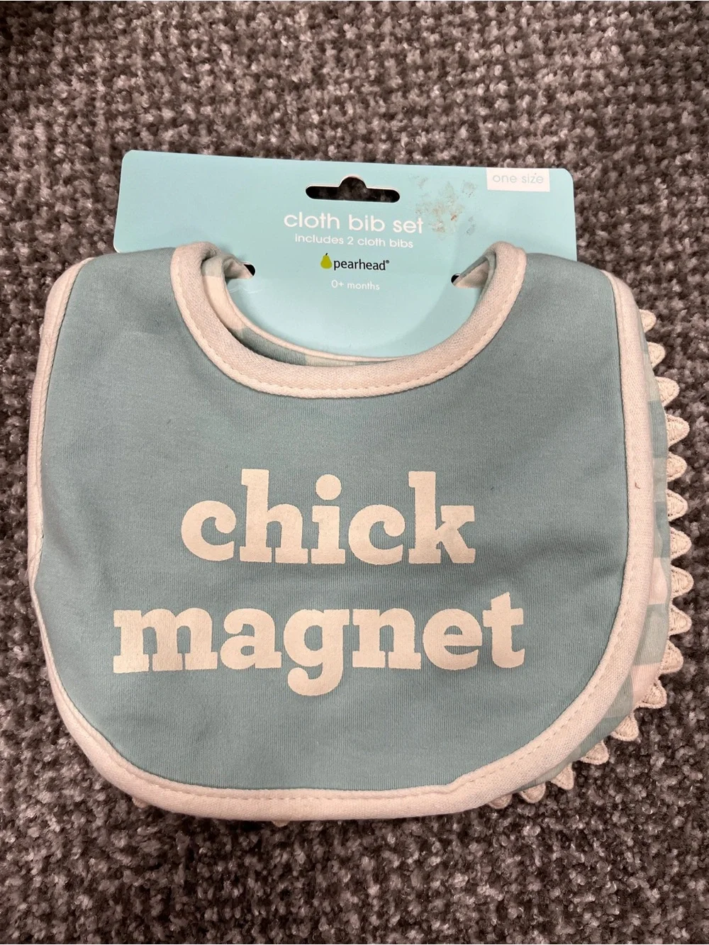 NEW Pearhead cloth baby bibs set of 2 chick magnet chickens farm blue Velcro boy